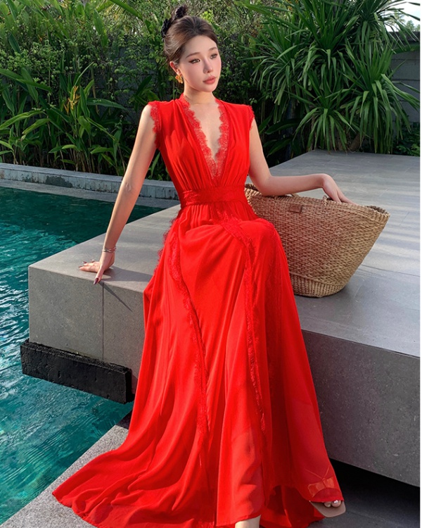 Sleeveless red lace dress big skirt splice long dress