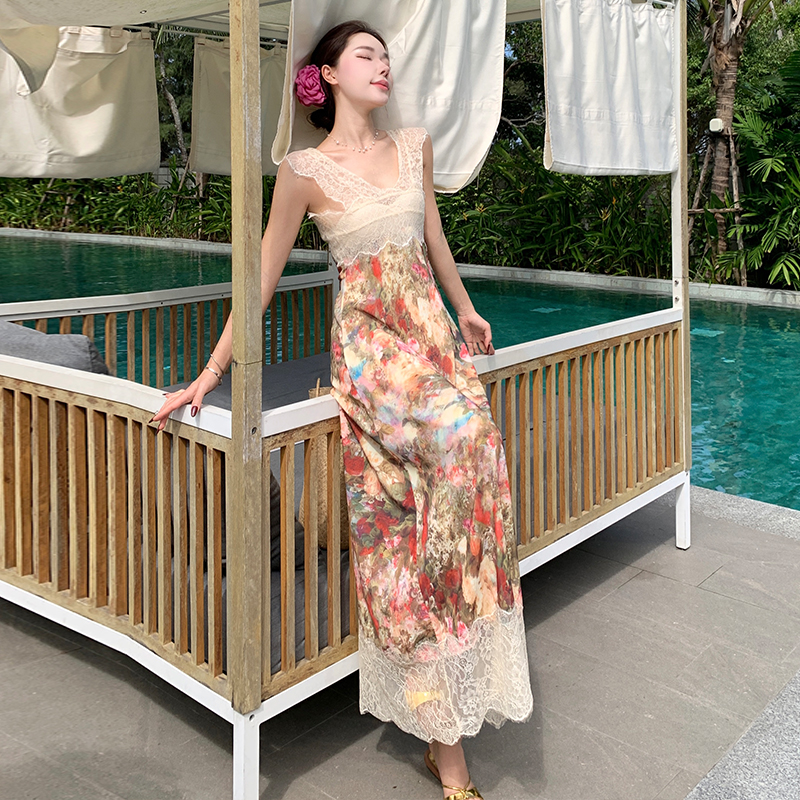 Vacation floral dress temperament sleeveless long dress