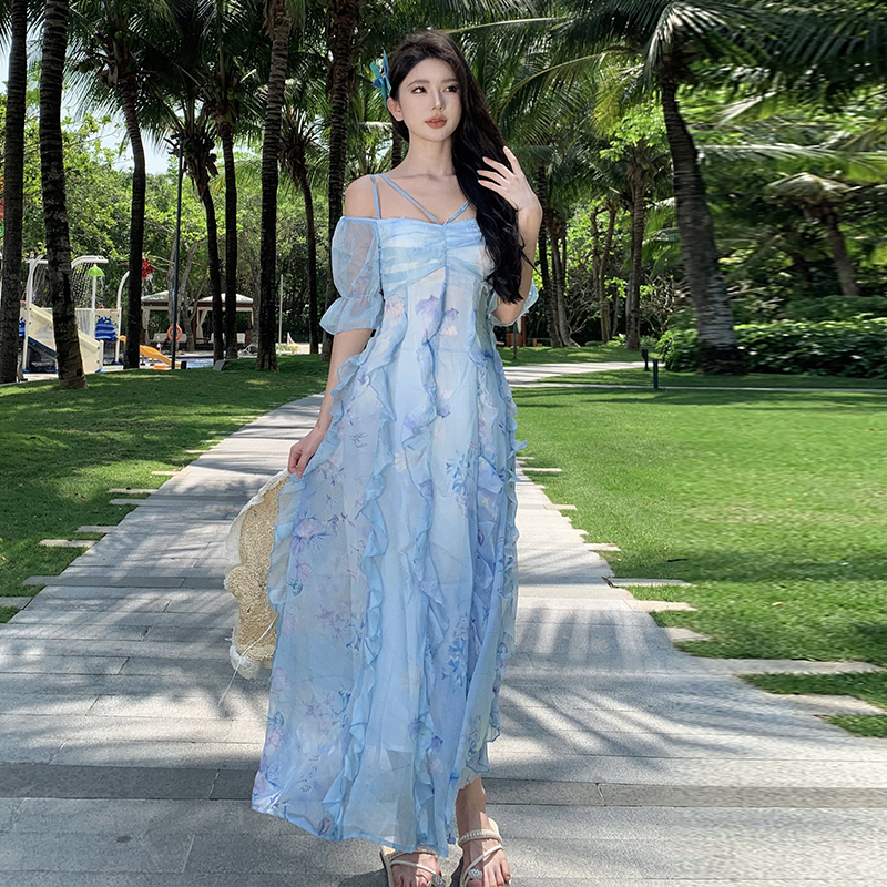 Floral temperament sling summer long dress