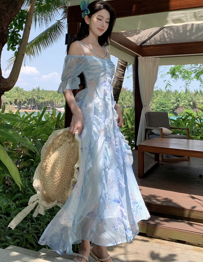 Floral temperament sling summer long dress