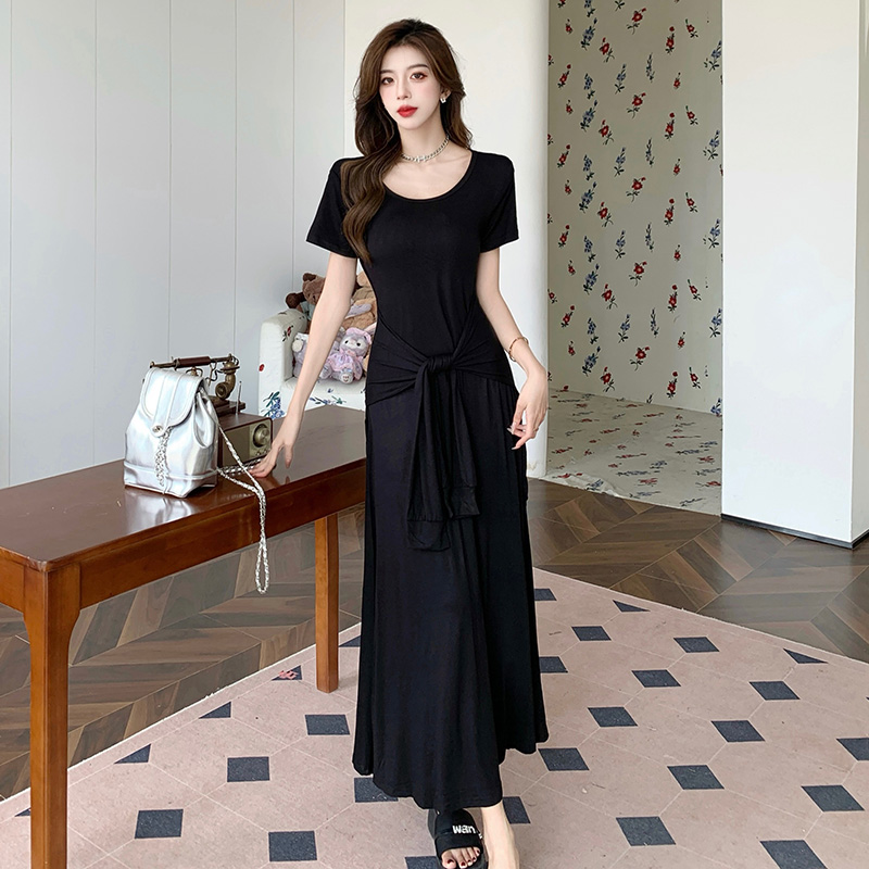 Pinched waist T-shirt round neck long dress for women