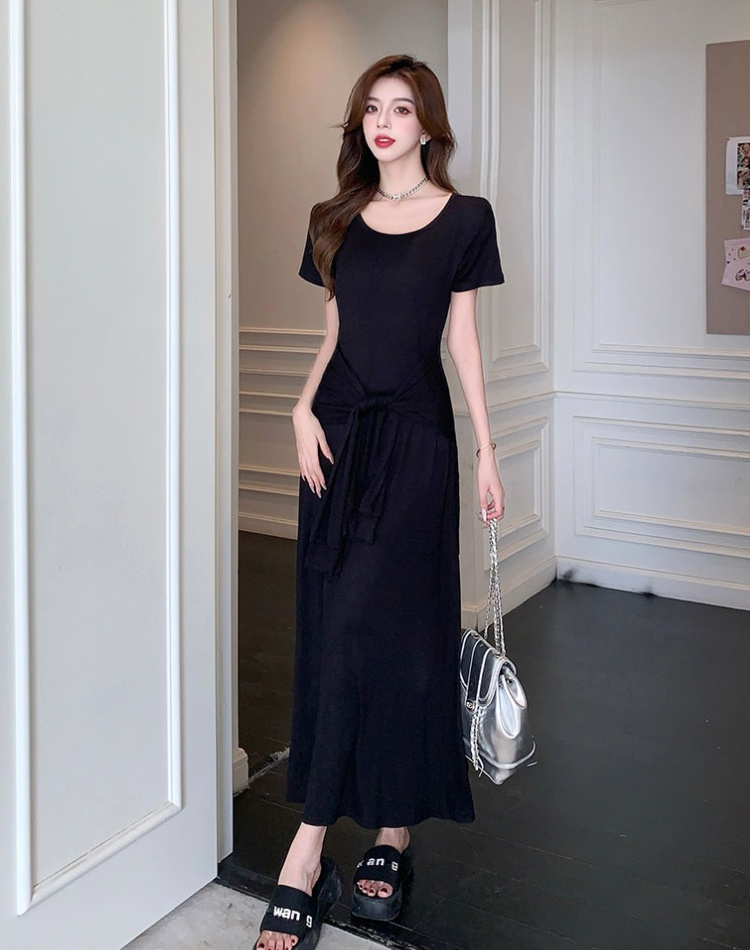 Pinched waist T-shirt round neck long dress for women