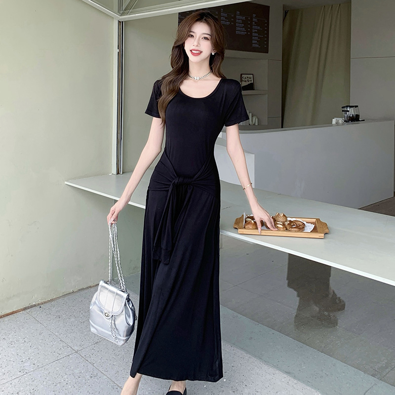 Pinched waist T-shirt round neck long dress for women