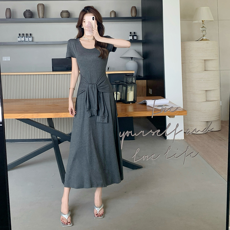 Pinched waist T-shirt round neck long dress for women