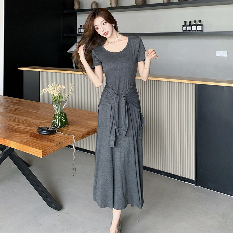 Pinched waist T-shirt round neck long dress for women