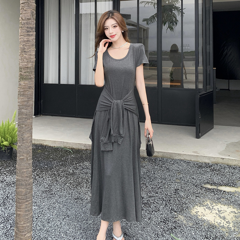 Pinched waist T-shirt round neck long dress for women