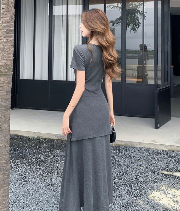 Pinched waist T-shirt round neck long dress for women