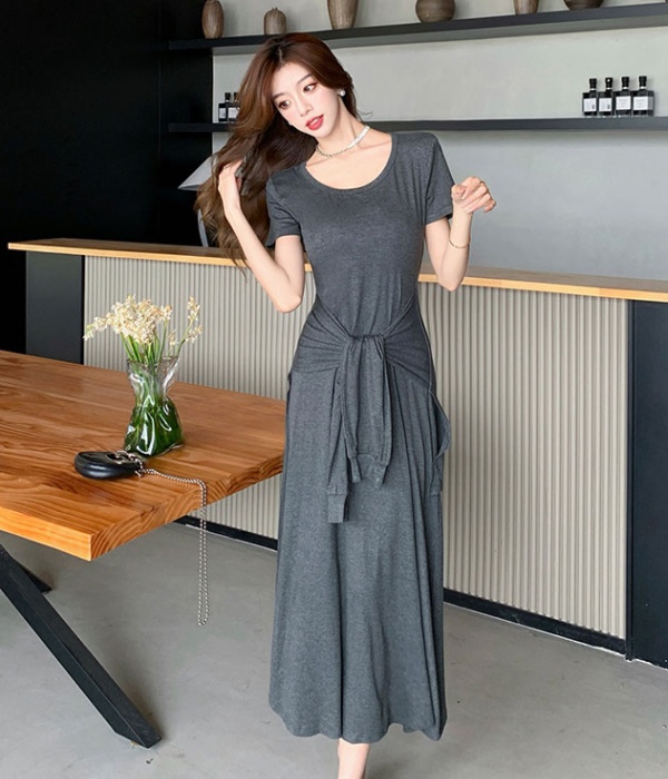 Pinched waist T-shirt round neck long dress for women