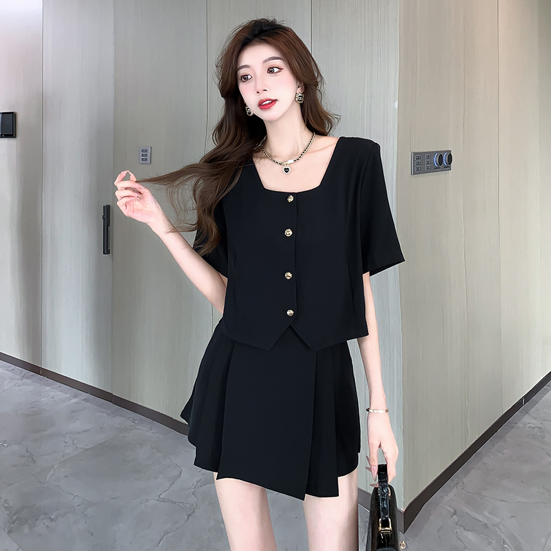 Slim pleated culottes fashion tops 2pcs set