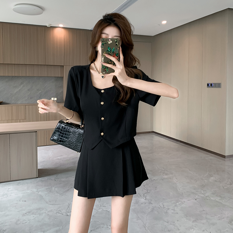 Slim pleated culottes fashion tops 2pcs set