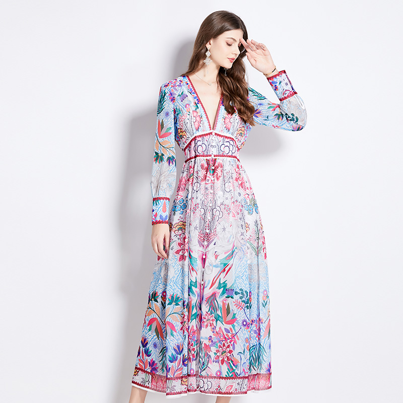 Spring pinched waist printing V-neck temperament dress