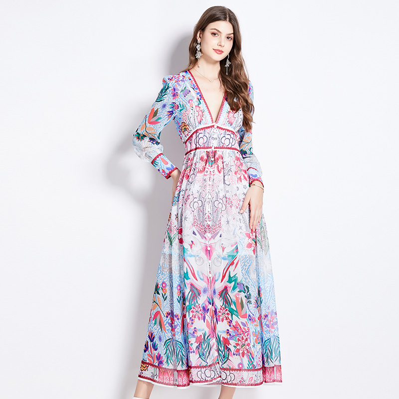 Spring pinched waist printing V-neck temperament dress