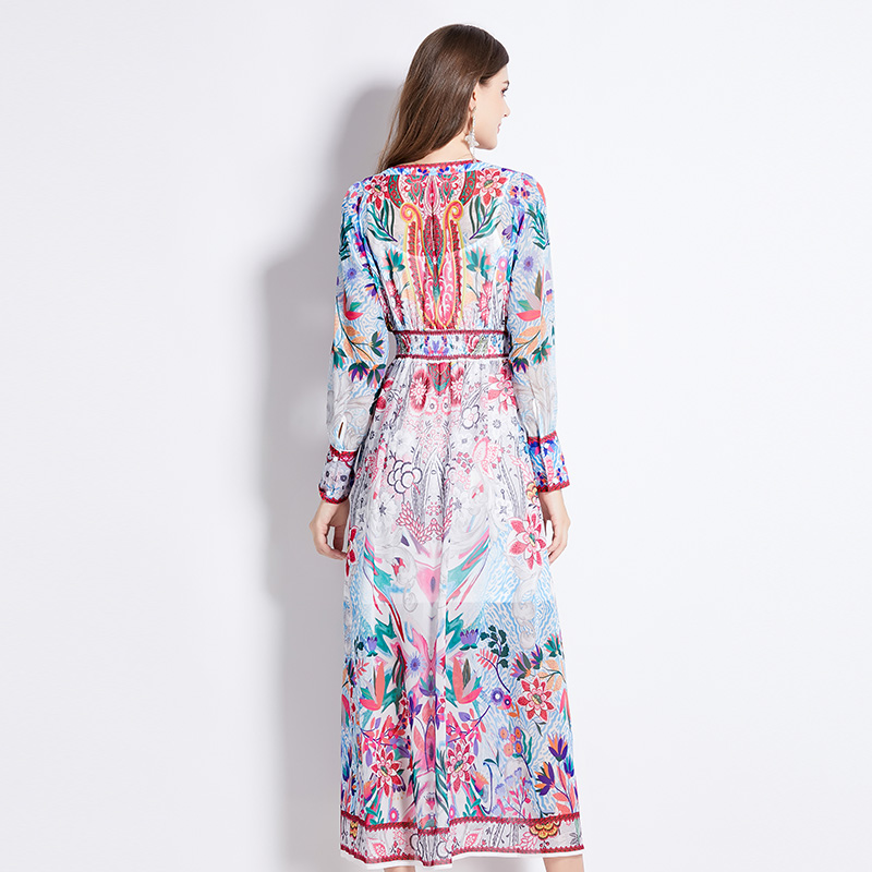 Spring pinched waist printing V-neck temperament dress