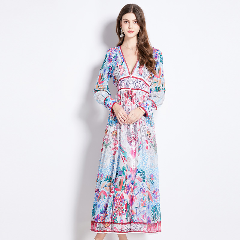 Spring pinched waist printing V-neck temperament dress