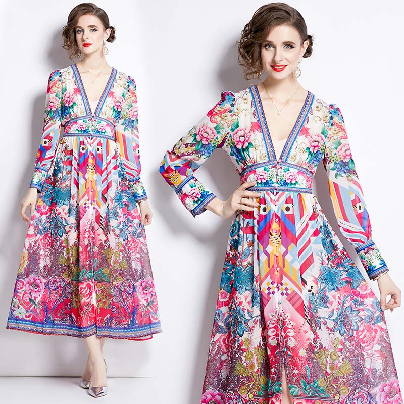 Printing spring V-neck vacation long sleeve dress