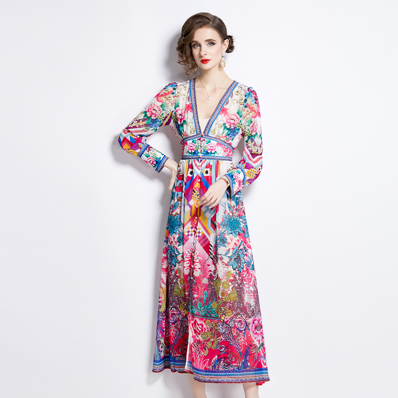 Printing spring V-neck vacation long sleeve dress