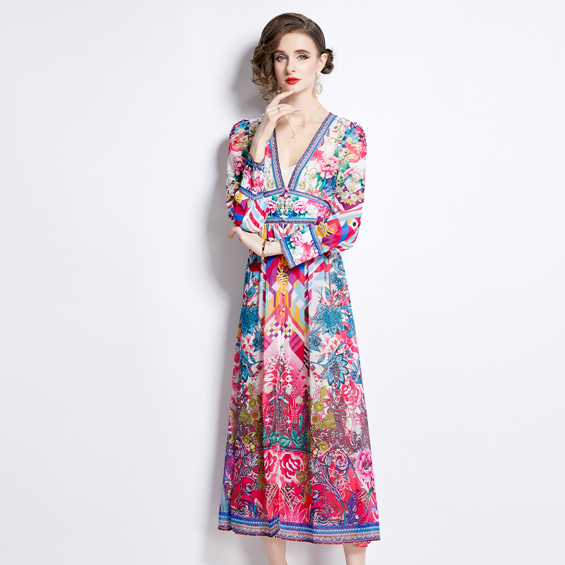 Printing spring V-neck vacation long sleeve dress