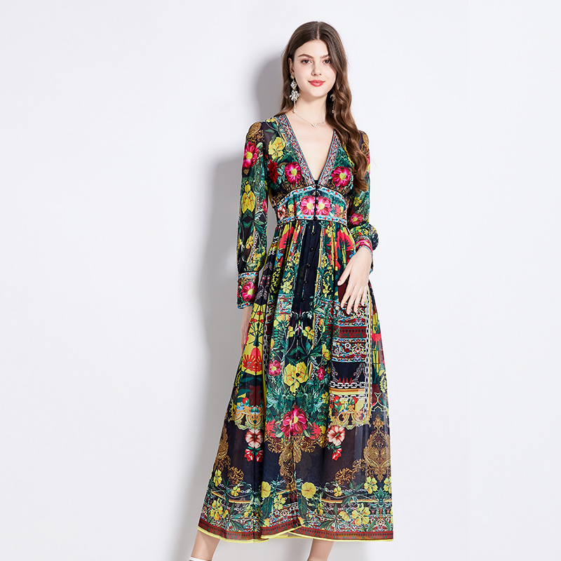 Temperament long sleeve vacation pinched waist spring dress