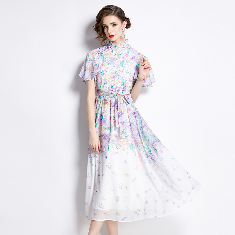 Floral summer pinched waist lotus leaf edges dress