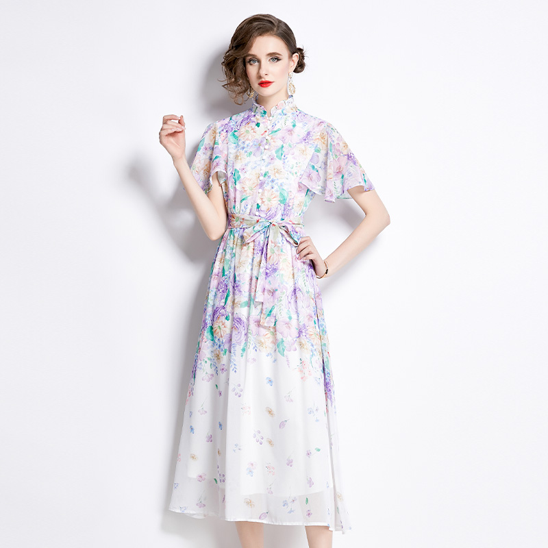 Floral summer pinched waist lotus leaf edges dress