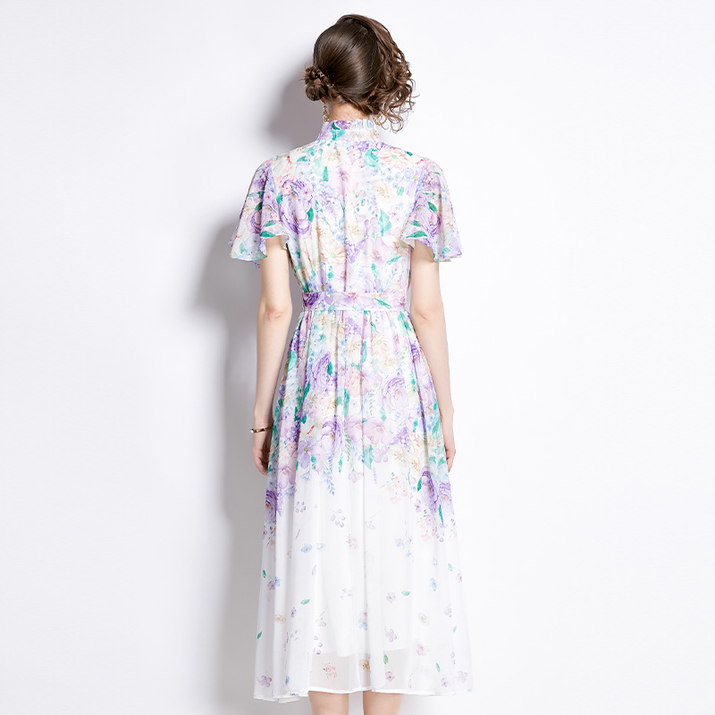 Floral summer pinched waist lotus leaf edges dress