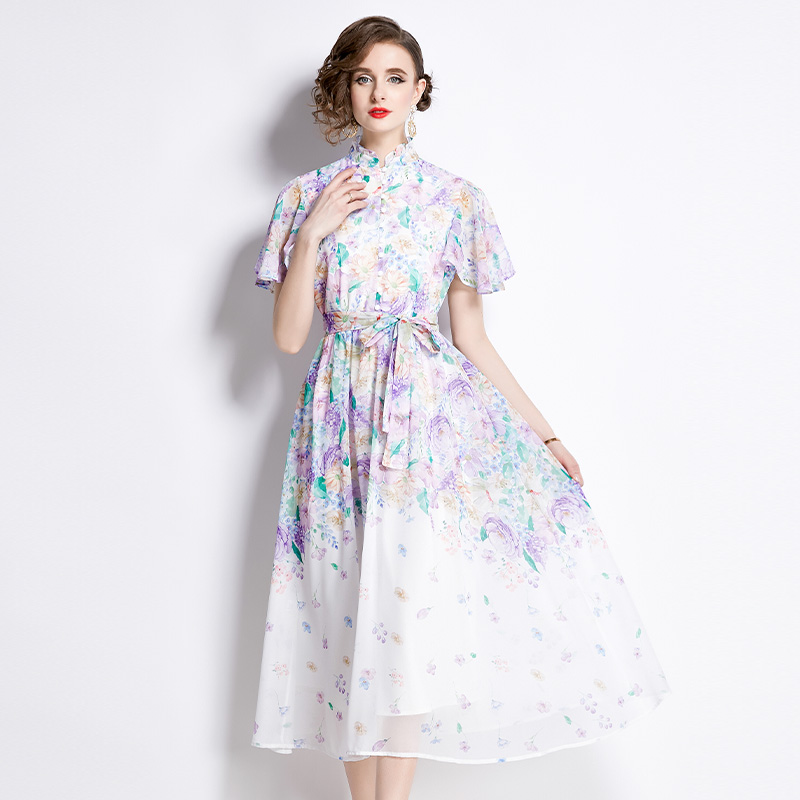 Floral summer pinched waist lotus leaf edges dress