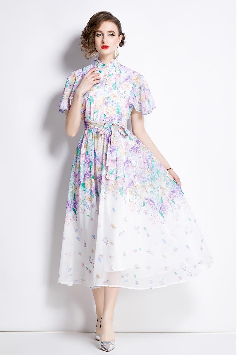 Floral summer pinched waist lotus leaf edges dress