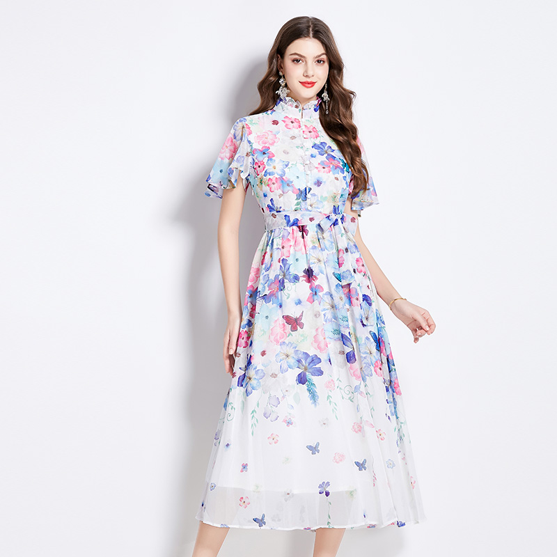 Boats sleeve colors floral lotus leaf edges dress