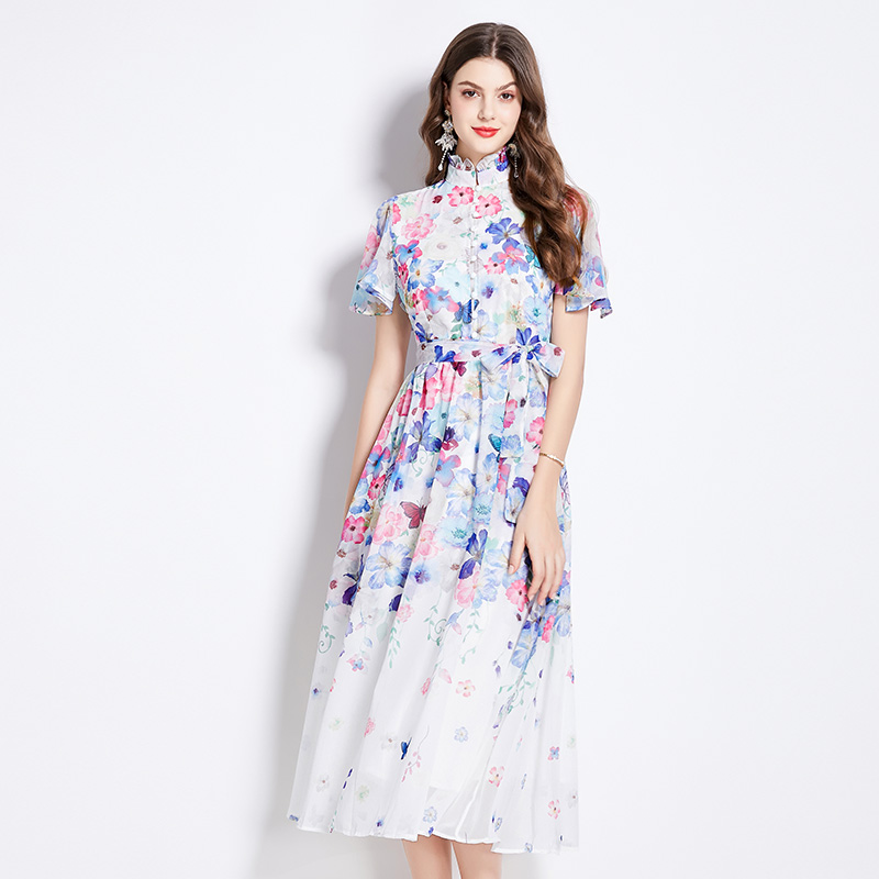 Boats sleeve colors floral lotus leaf edges dress