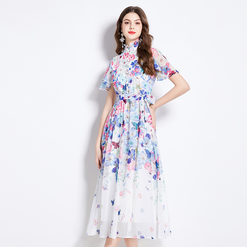 Boats sleeve colors floral lotus leaf edges dress