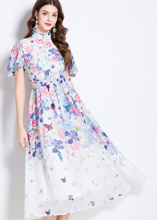 Boats sleeve colors floral lotus leaf edges dress