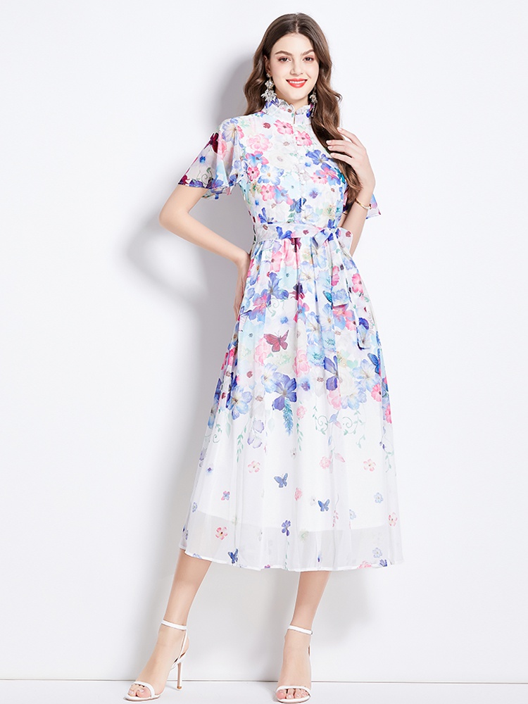 Boats sleeve colors floral lotus leaf edges dress