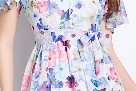 Boats sleeve colors floral lotus leaf edges dress