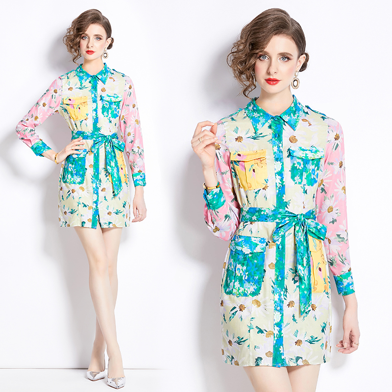 Long sleeve mixed colors retro shirt flowers short dress