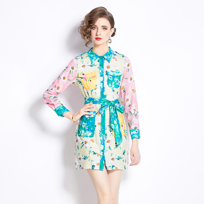 Long sleeve mixed colors retro shirt flowers short dress