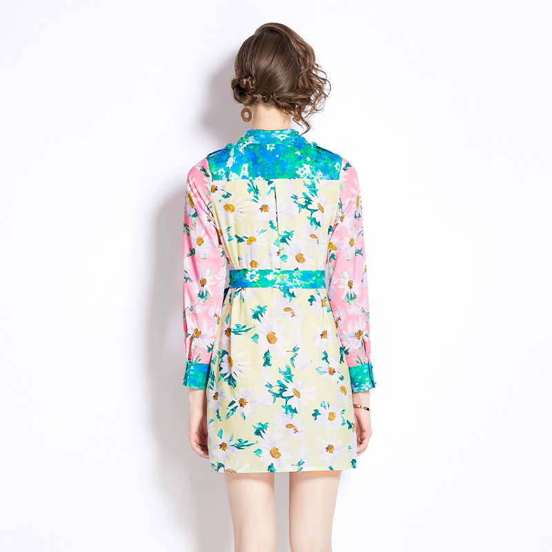 Long sleeve mixed colors retro shirt flowers short dress