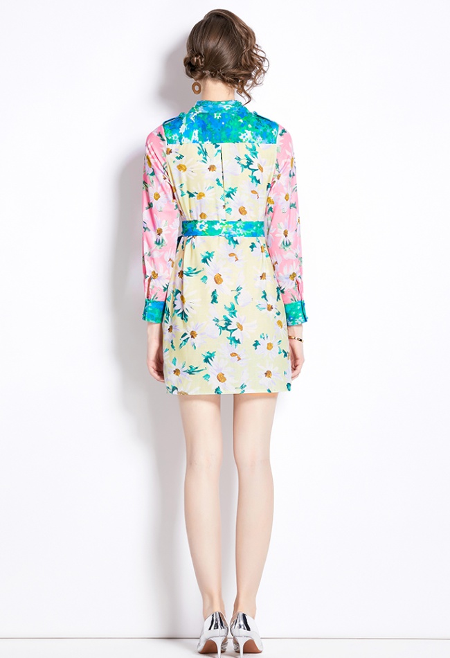 Long sleeve mixed colors retro shirt flowers short dress