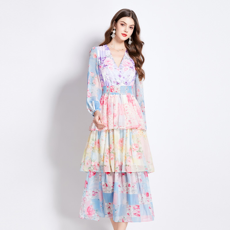 Pinched waist cake long dress retro dress