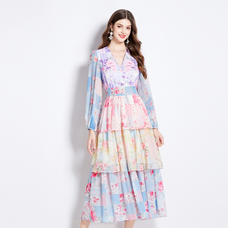 Pinched waist cake long dress retro dress