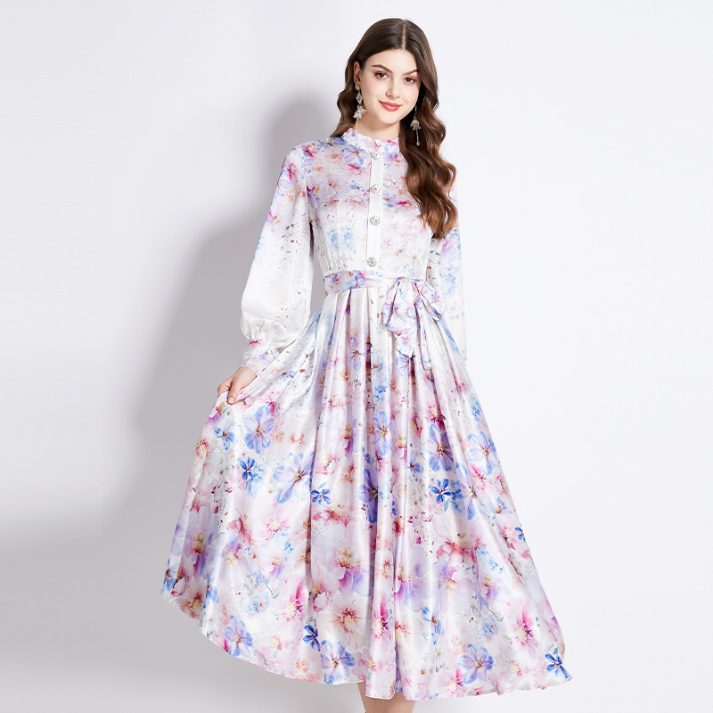 Lantern sleeve printing satin retro cstand collar dress