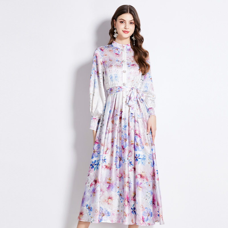 Lantern sleeve printing satin retro cstand collar dress