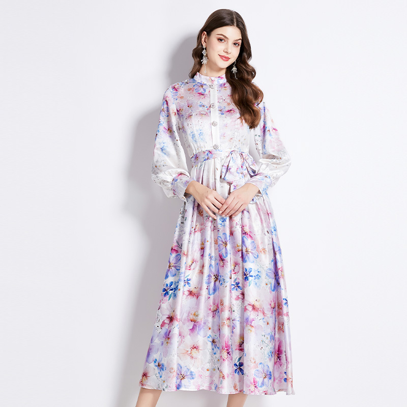 Lantern sleeve printing satin retro cstand collar dress