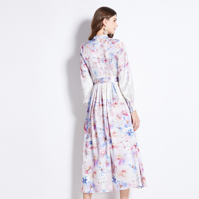 Lantern sleeve printing satin retro cstand collar dress