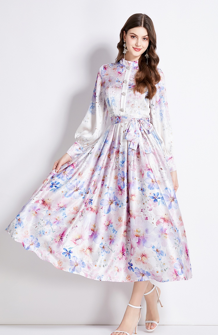 Lantern sleeve printing satin retro cstand collar dress