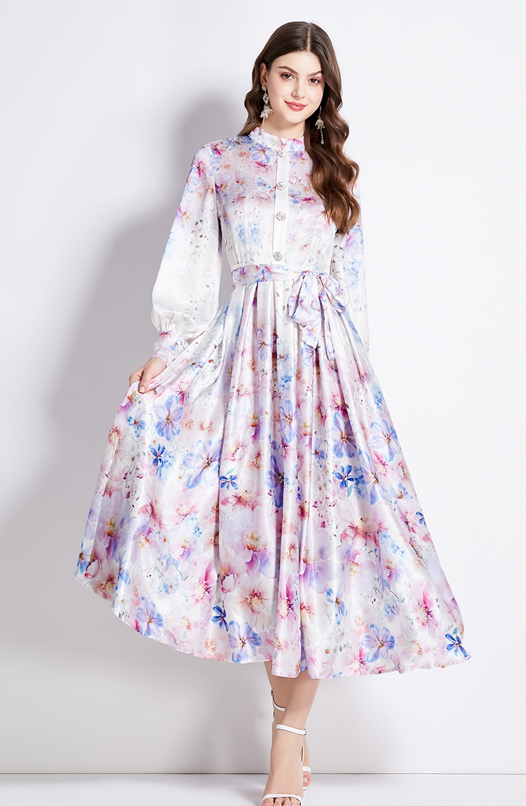 Lantern sleeve printing satin retro cstand collar dress