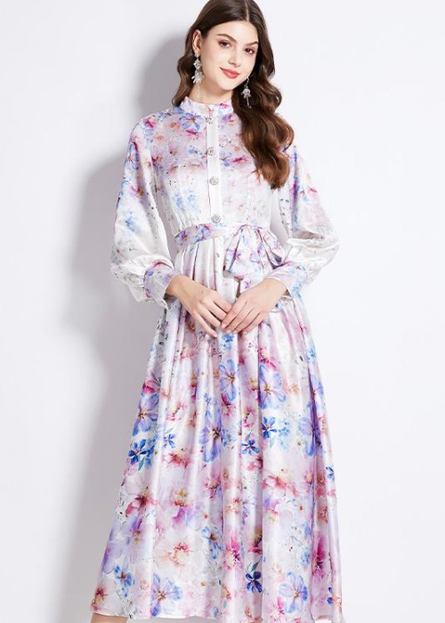 Lantern sleeve printing satin retro cstand collar dress