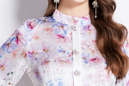 Lantern sleeve printing satin retro cstand collar dress