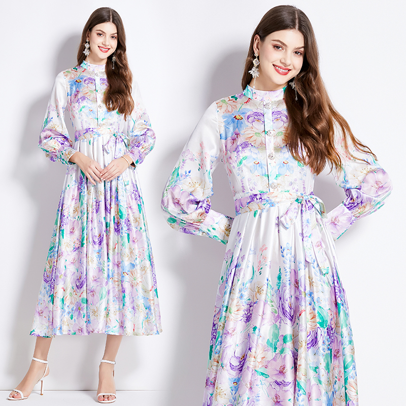 Cstand collar satin printing lantern sleeve dress