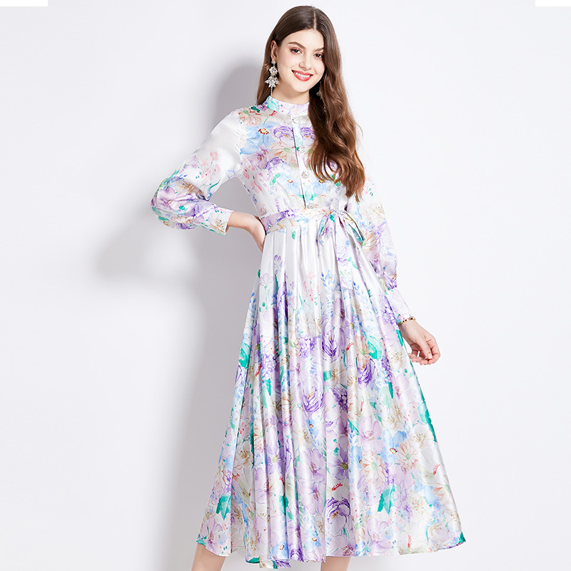 Cstand collar satin printing lantern sleeve dress