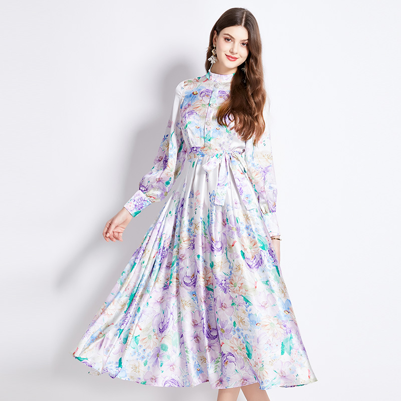 Cstand collar satin printing lantern sleeve dress